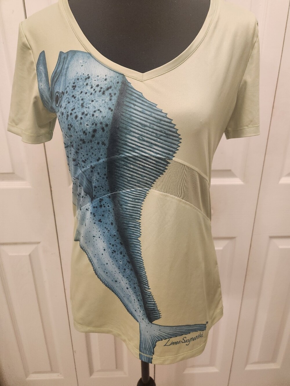 Reel Legends Sage V-Neck Tee with Blue Fish Print